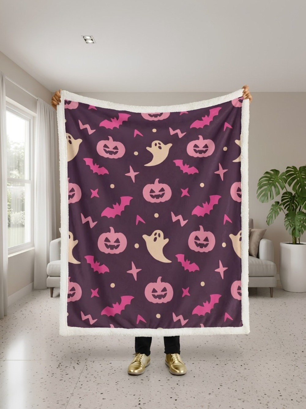 Plush Halloween Ghost & Pumpkin Sherpa Throw Blanket - Purple Pink